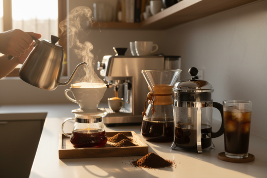 Specialty coffee brewing methods displayed with pour over, French press, Chemex, and espresso for coffee lovers