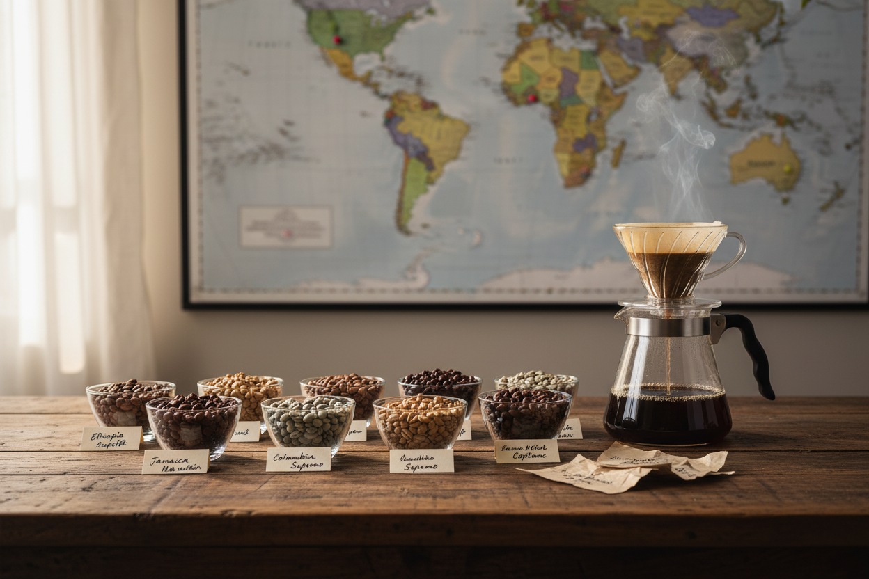 Coffee origin flavor profiles showcased with global beans and a fresh pour-over brew for enthusiasts