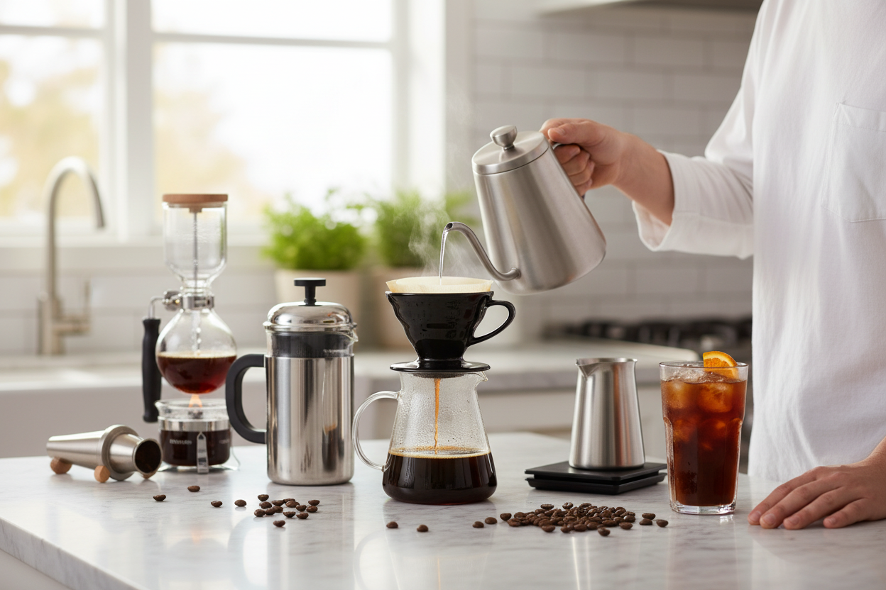 Explore specialty coffee brewing methods with pour over, French press, siphon, and iced coffee on a modern kitchen counter