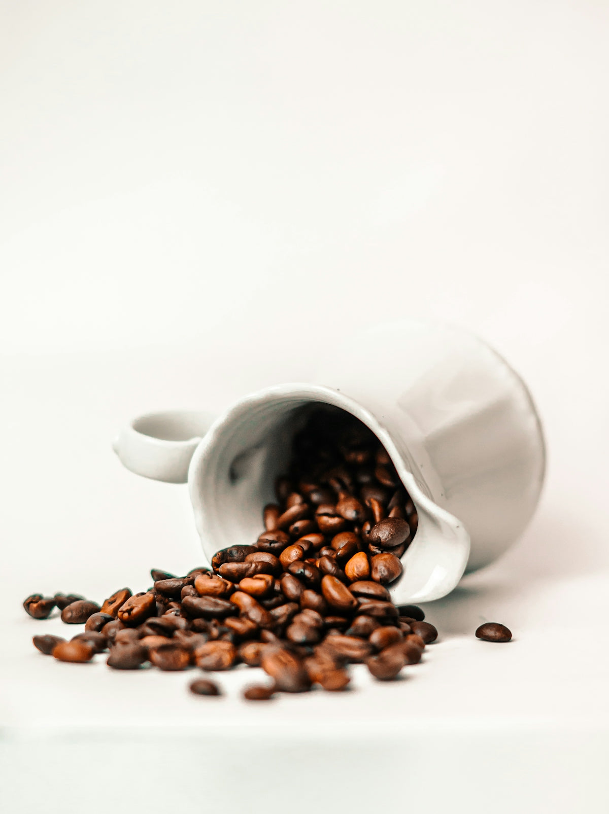 a white cup filled with coffee beans on top of a table