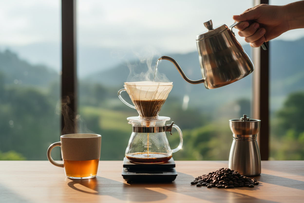 Single origin coffee brewing with pour over method and fresh beans in a scenic morning setting