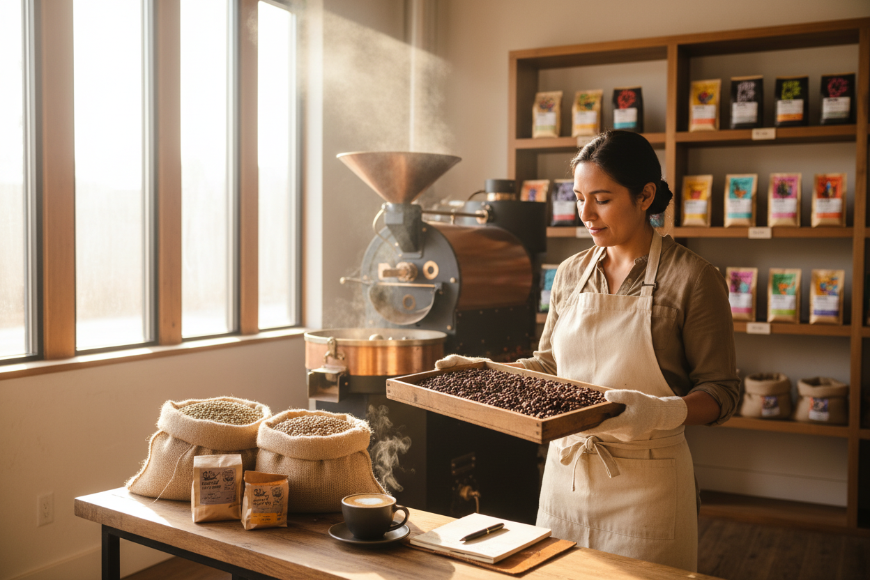Barista showcasing hand roasted coffee varieties in a cozy shop, perfect for specialty coffee lovers and gift ideas
