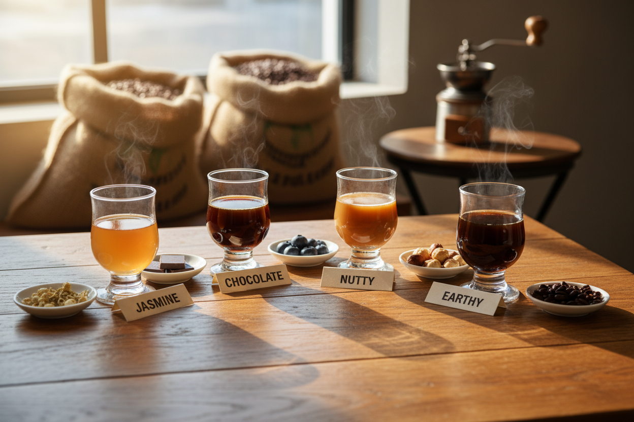 Specialty coffee tasting notes with jasmine, chocolate, nutty, and earthy flavors for coffee enthusiasts